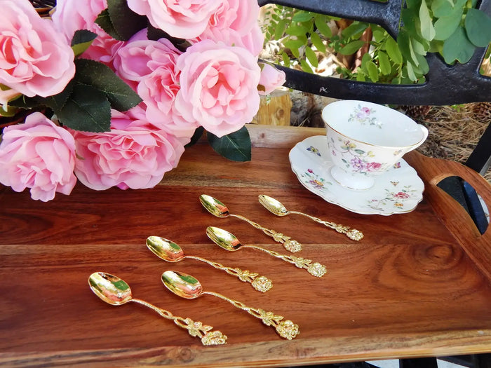 Gold Plated Spoon with Rose Handle for tea, coffee, dessert