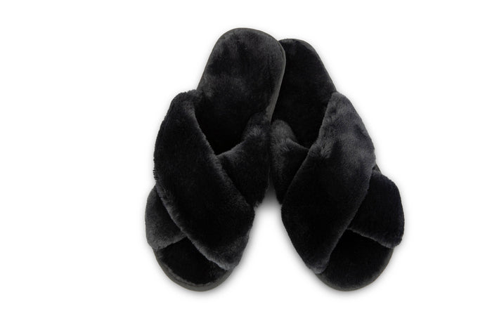 Plush Crossband Slide House Slippers: Black / Medium