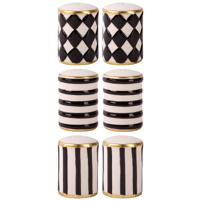 3 Asst S/2 Black/White Embossed Salt&Pepper Sets W/Gold Rim