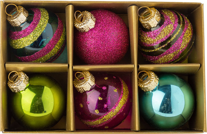 Set/6 mini ball ornaments, shiny & glittery jewel tone 1.5in balls