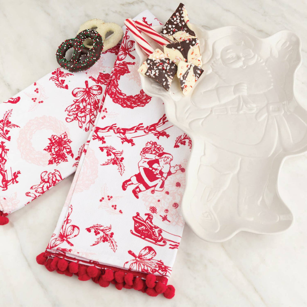 Santa Toile PomPom Kitchen Towel Set