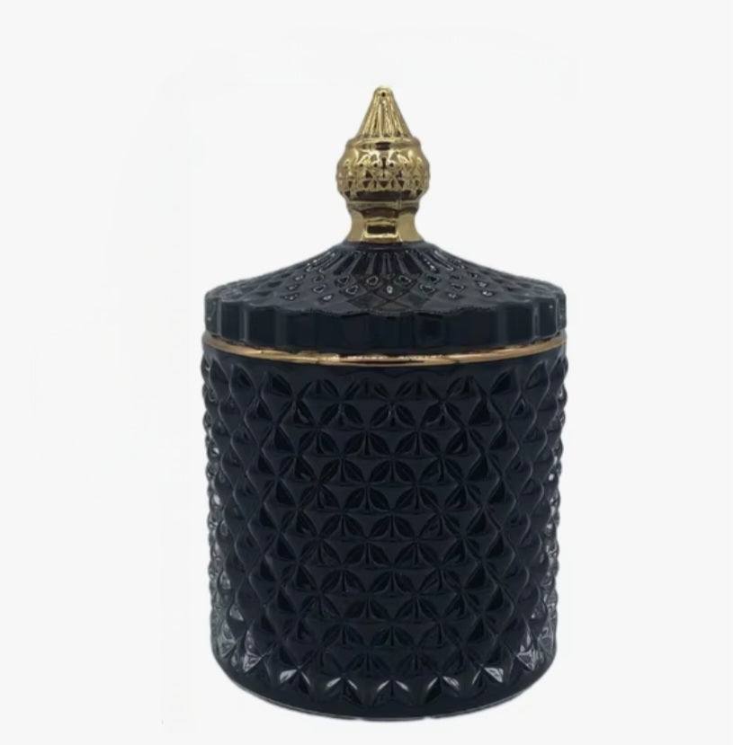 Black and gold glass jar