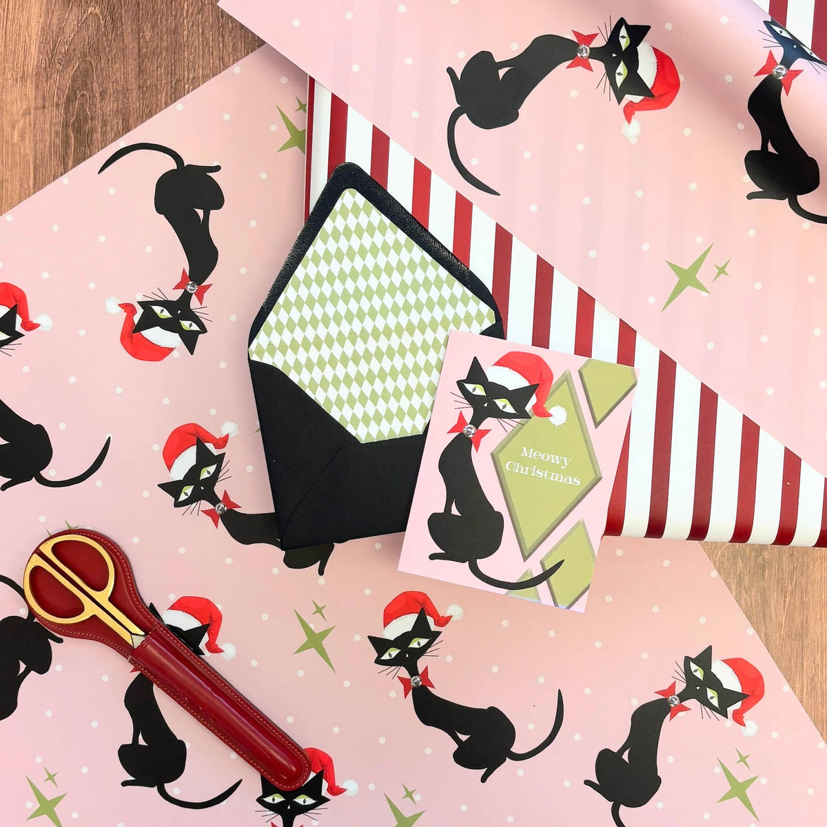 Meowy Christmas Mid Century Black Cat Holiday Gift Wrap: Single Sheet