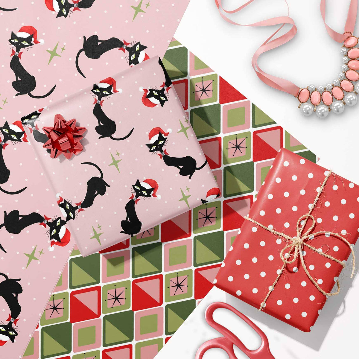 Meowy Christmas Mid Century Black Cat Holiday Gift Wrap: Single Sheet