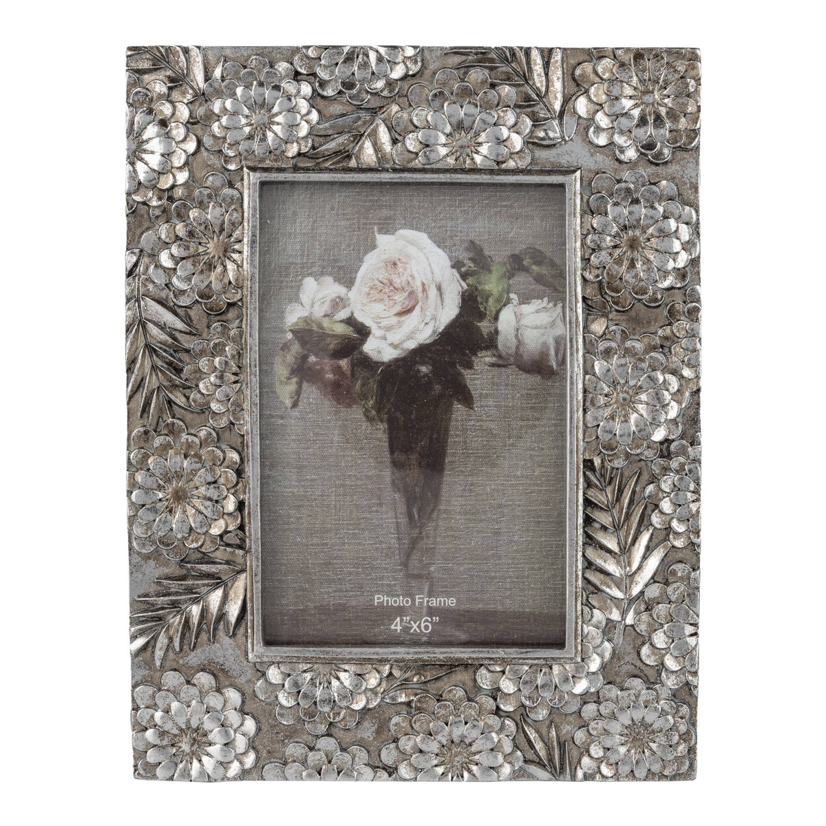 GE00651:Floral motif picture frame, silver finish