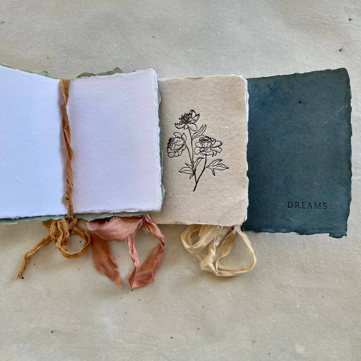 Notebooks - I: Peony - vanilla paper with watermelon silk ribbon